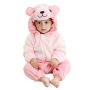 Zwiiyzr Toddler Infant Long Sleeve Onesie Boy Girl Fluffy Jumpsuit Hooded Fleece Rompers Baby Clothes Soft Warm Pajamas Children's Holiday Birthday Gift Pink